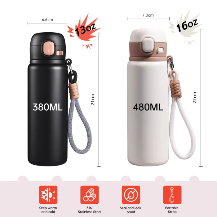 380ml and 480ml insulated tea flasks dimensions showing 13oz and 16oz capacity options for global importers.