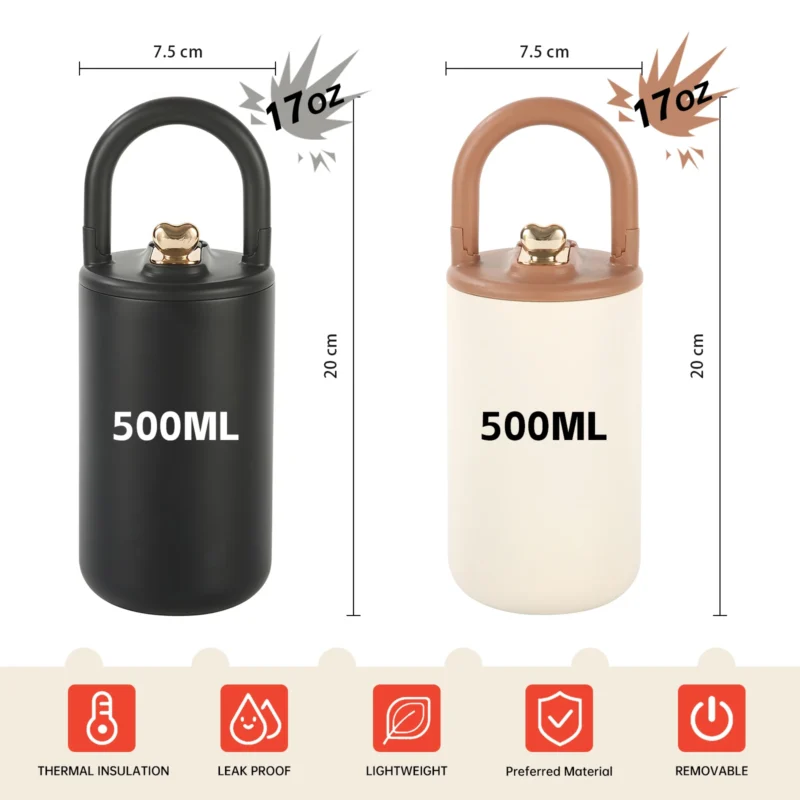 500ml luxury handbag style vacuum insulated tumbler dimensions showing 20cm height and 7.5cm base diameter.