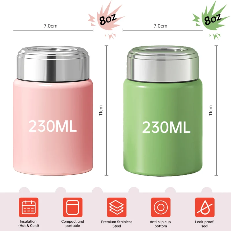 230ml 8oz small vacuum flask technical specifications showing 11cm height and 7.0cm diameter for B2B buyers.