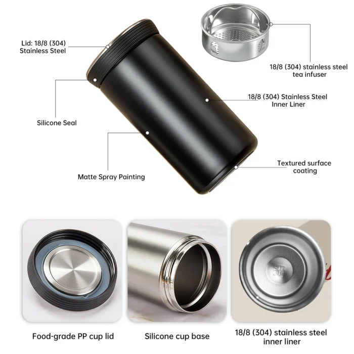 350ml mini pocket vacuum flask exploded view showing SUS304 stainless steel interior and removable tea infuser.