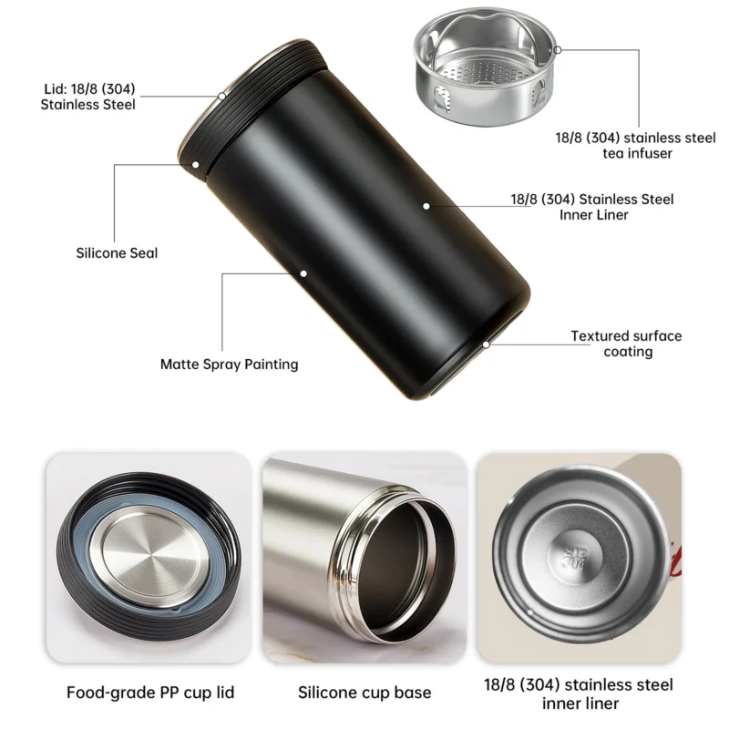 350ml mini pocket vacuum flask exploded view showing SUS304 stainless steel interior and removable tea infuser.