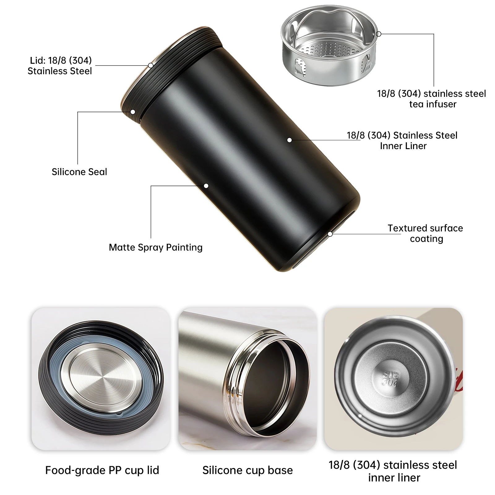 350ml mini pocket vacuum flask exploded view showing SUS304 stainless steel interior and removable tea infuser.