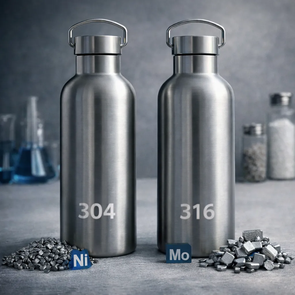 Comparison of 304 and 316 stainless steel raw materials for premium water bottles.