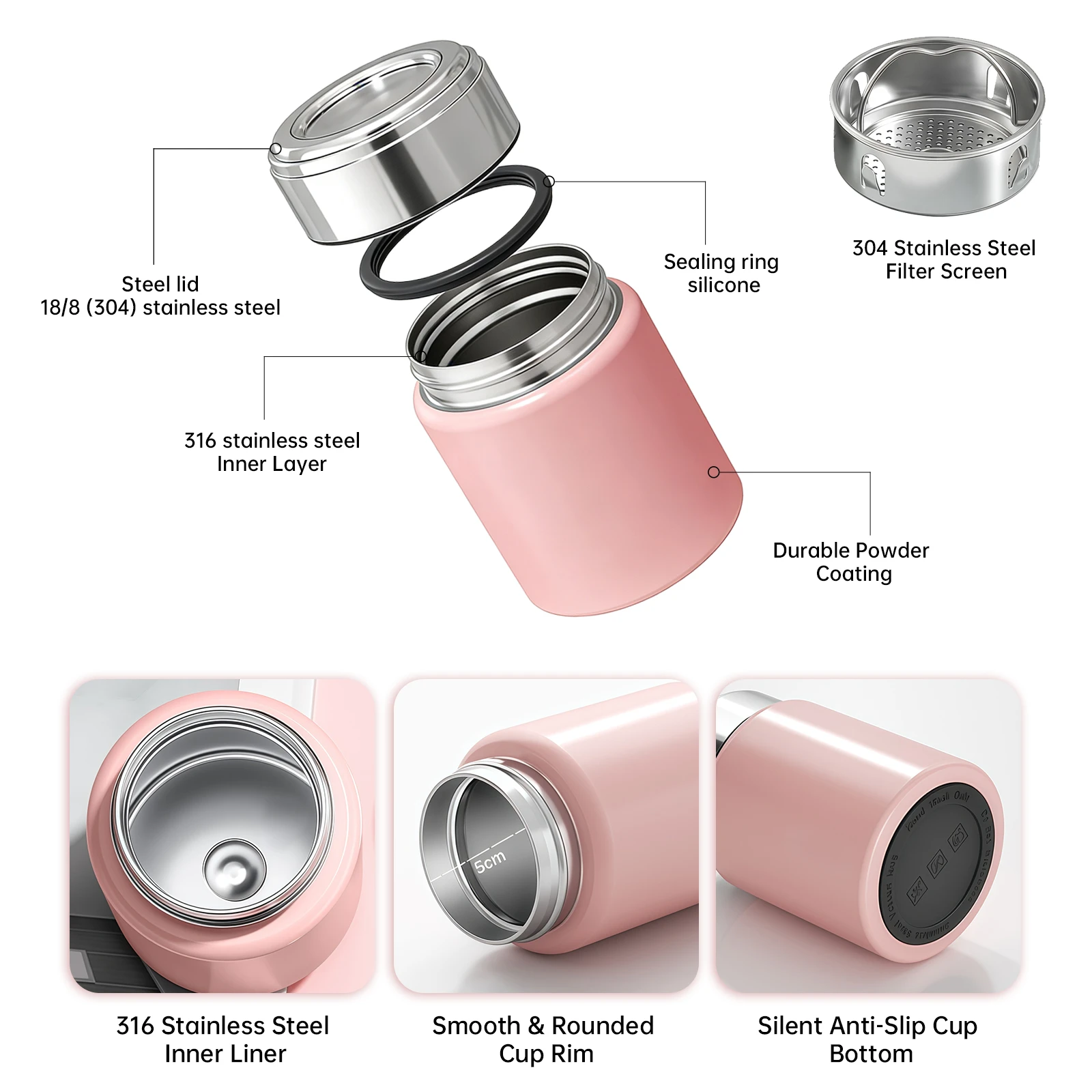 Mini 316L medical grade stainless steel pocket cup exploded view showing tea infuser and silicone seal for wholesale.