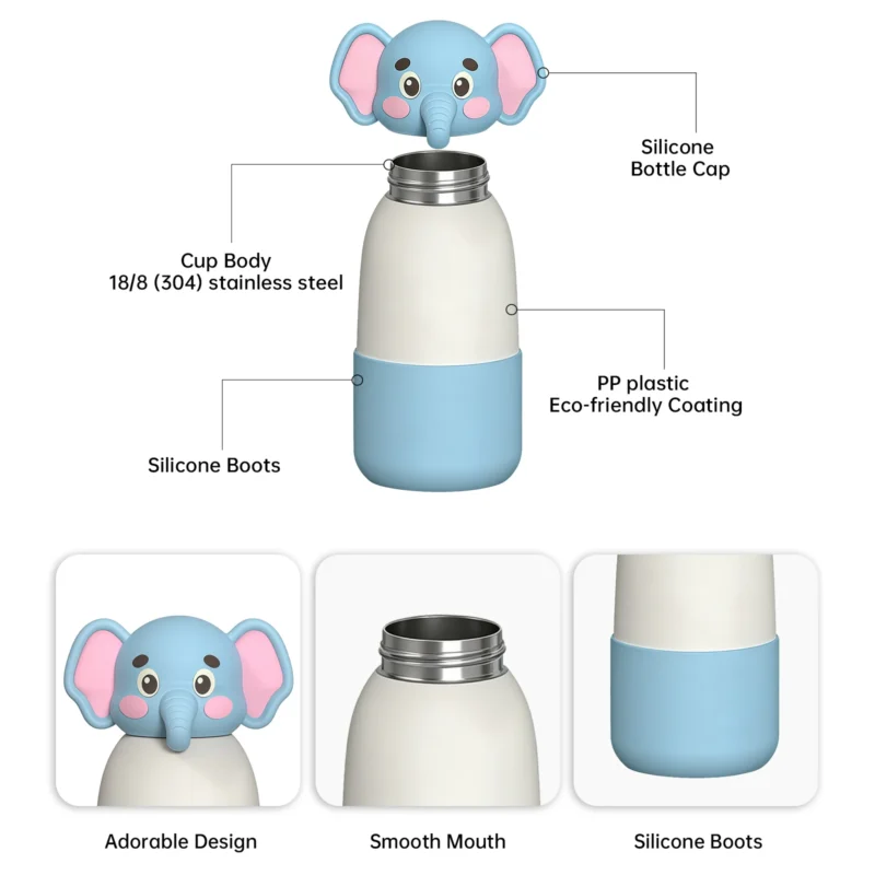 Kids 304 stainless steel cartoon water bottle exploded view showing 3D silicone character cap and protective boots for wholesale.
