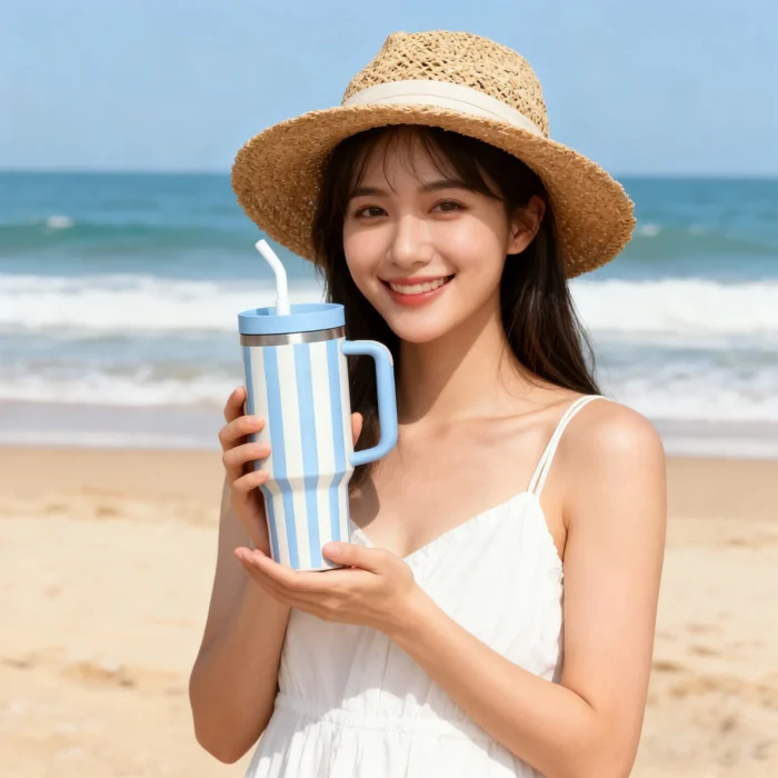 Custom branded 40oz travel tumbler with handle used in outdoor beach settings - Gencore drinkware.