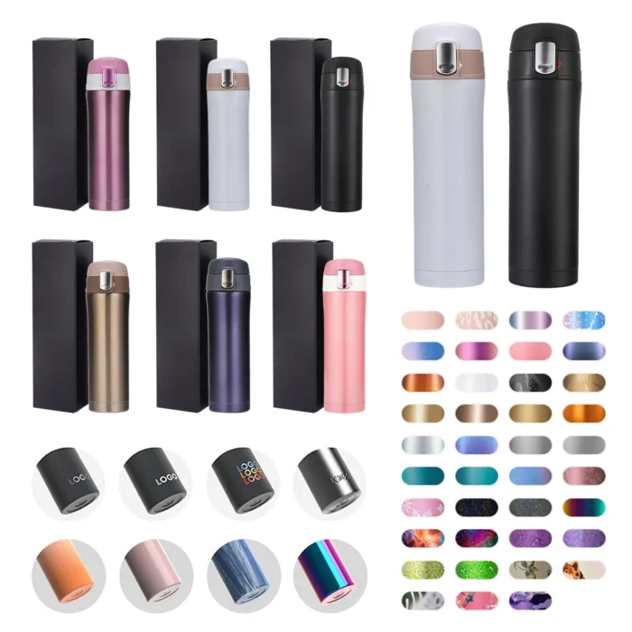 Wholesale custom logo insulated tumblers with multiple color options, textures, and gift box packaging for B2B OEM services.