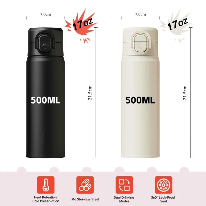 Technical specifications for 17oz stainless steel bottle 21.5cm height and 7.0cm diameter