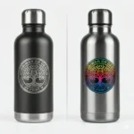 Close-up of high-precision laser engraving and multi-color UV 3D printing on tumblers.