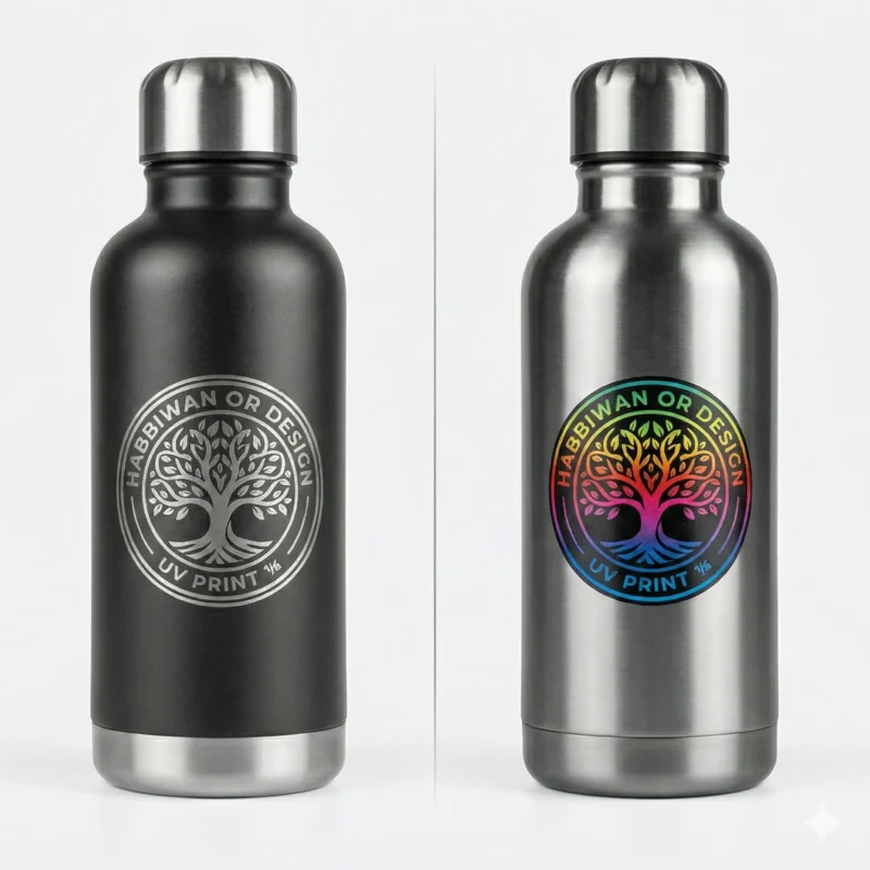 Close-up of high-precision laser engraving and multi-color UV 3D printing on tumblers.