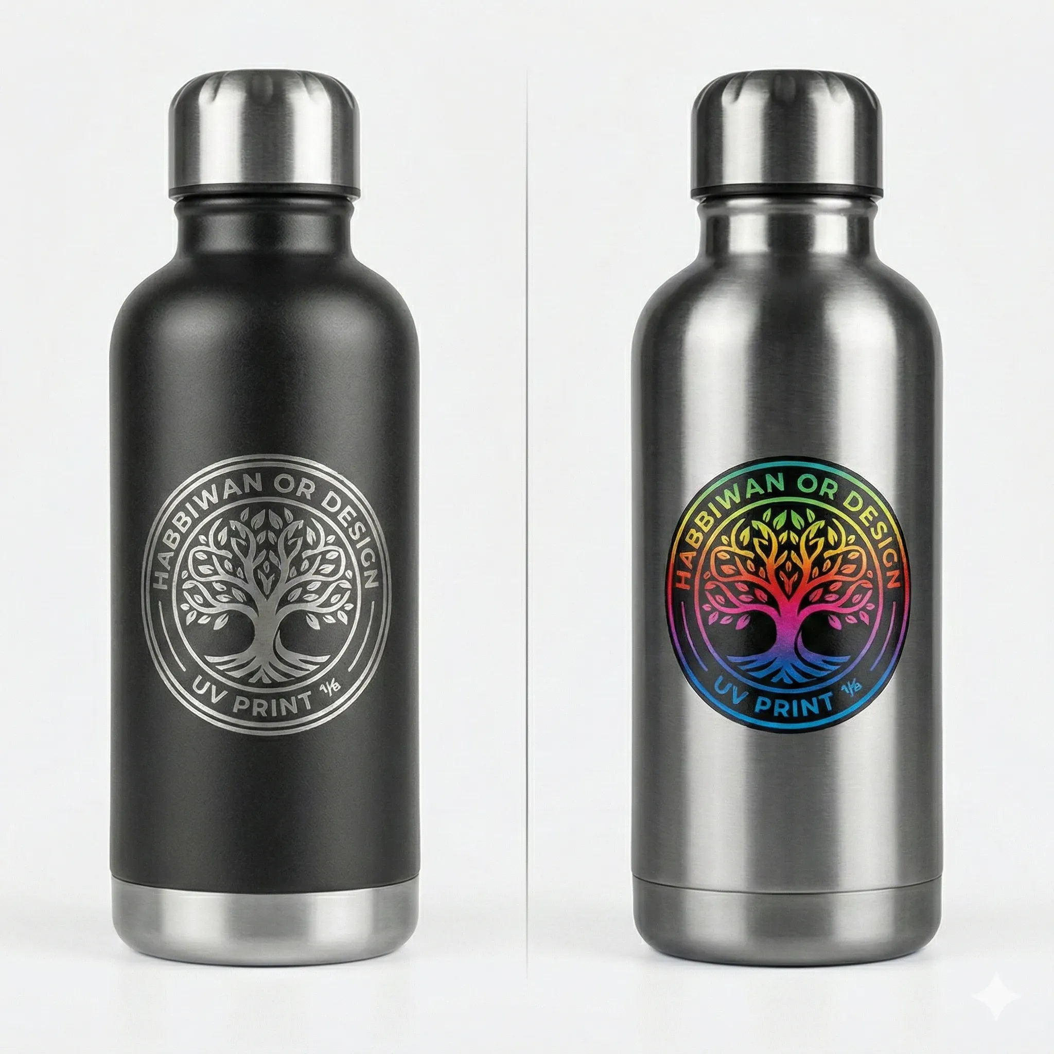 Close-up of high-precision laser engraving and multi-color UV 3D printing on tumblers.