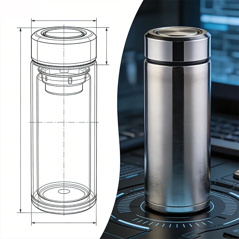 Detailed 2D technical drawing and dimensions for custom branded stainless steel tumblers.
