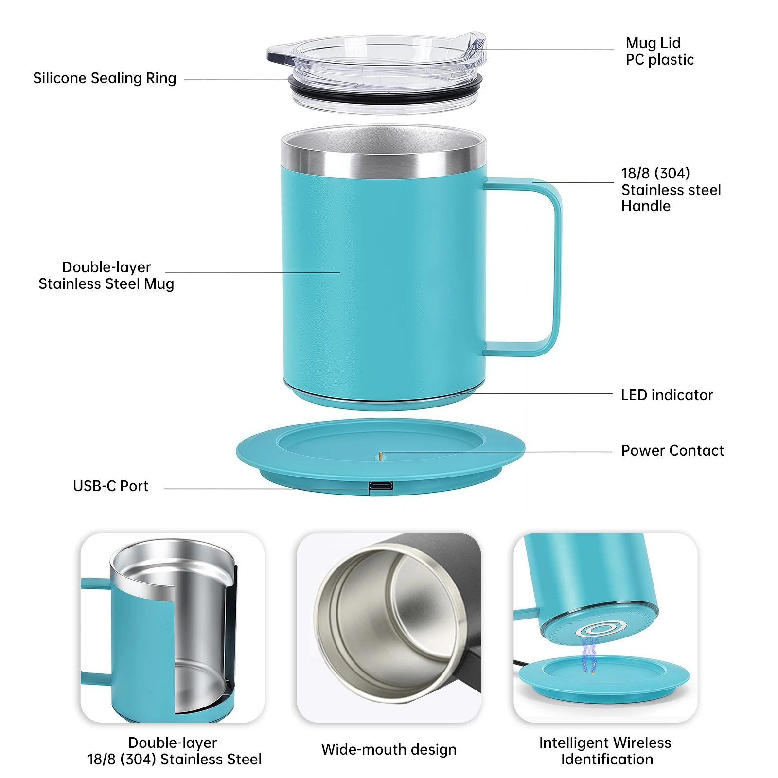 Smart self-heating coffee mug exploded view showing food-grade 304 stainless steel interior and wireless induction heating base for B2B supply.