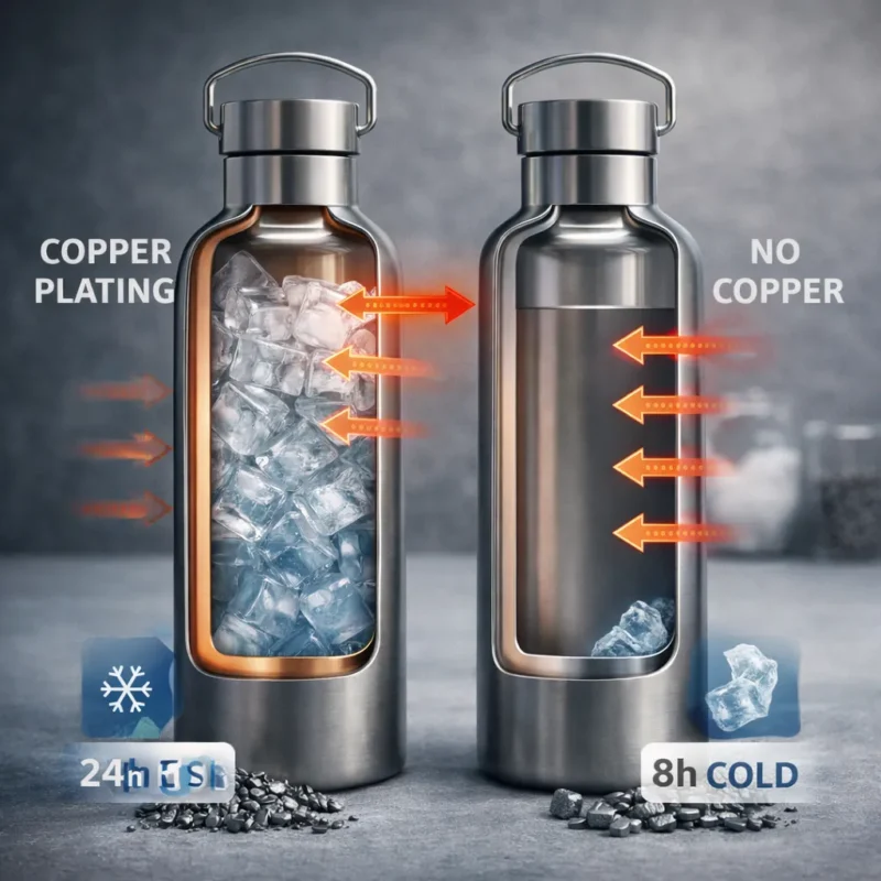 Visual diagram showing copper lining technology in double-wall vacuum insulated bottles.