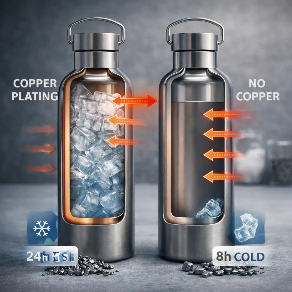 Visual diagram showing copper lining technology in double-wall vacuum insulated bottles.