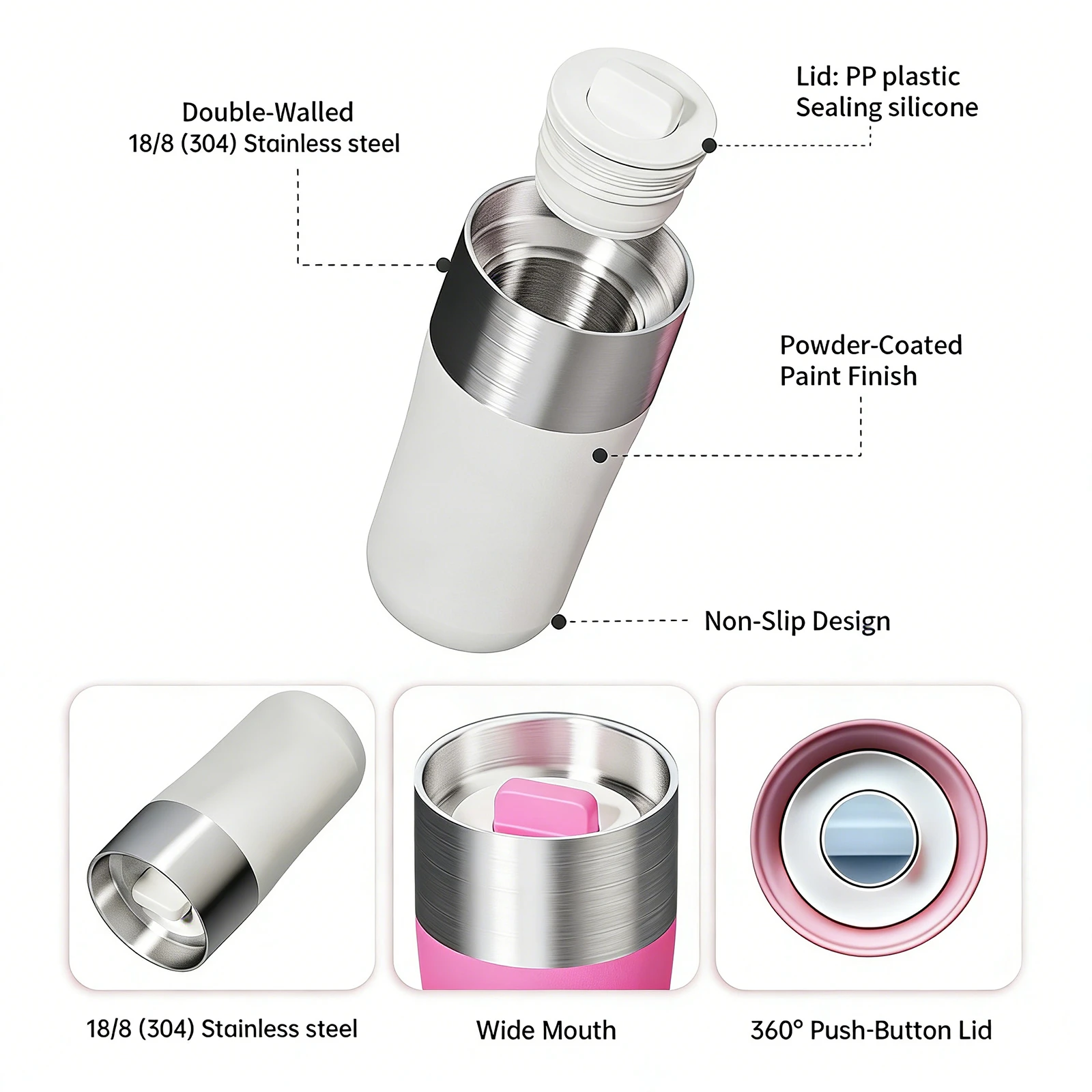 Double-walled 18/8 stainless steel coffee mug exploded view showing one-touch lid and powder-coated finish.