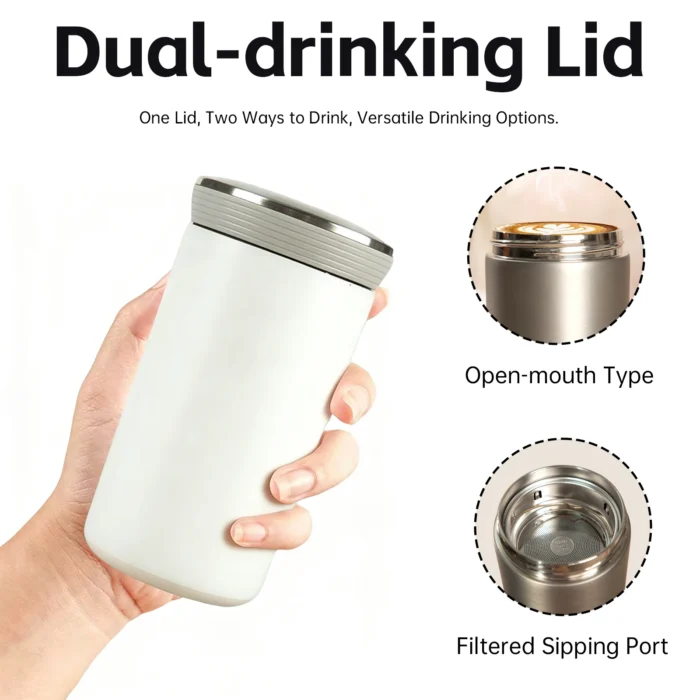 Versatile lid design of a minimalist travel mug showing open-mouth and filtered sipping port options.