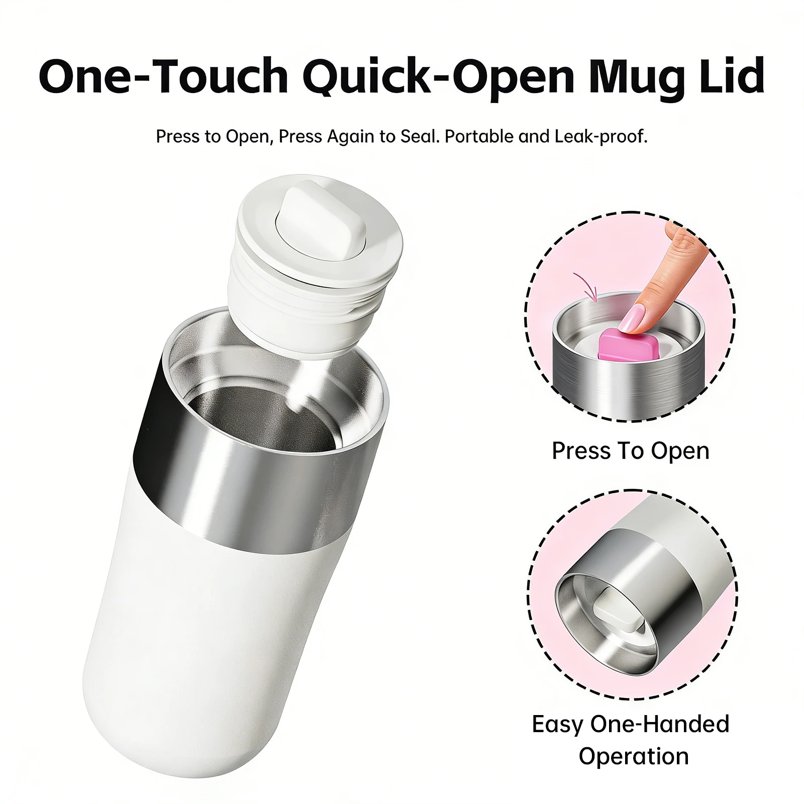 One-touch quick-open mug lid detail illustrating press-to-open and easy one-handed operation for travel.
