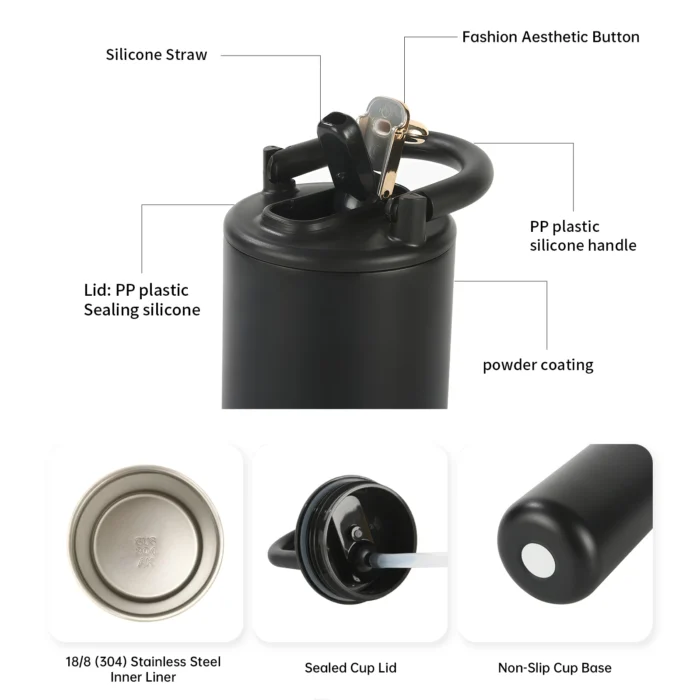 Designer inspired stainless steel water bottle exploded view showing SUS304 interior and integrated arch handle.