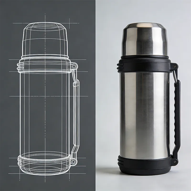 A comparison between 3D wireframe modeling and physical prototype of a Gencore vacuum bottle.