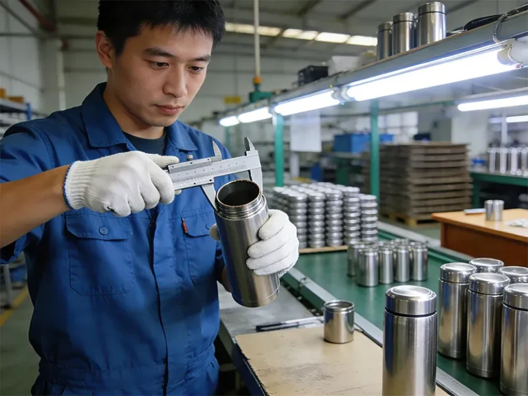 Gencore factory worker performing quality control on stainless steel vacuum insulated tumblers at our ISO-certified manufacturing facility in Yongkang, China.