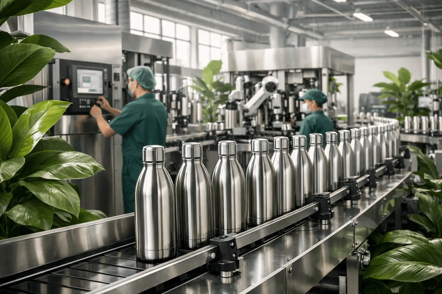 Gencore's eco-friendly manufacturing facility in China, showing clean production lines and green workspace for stainless steel bottles