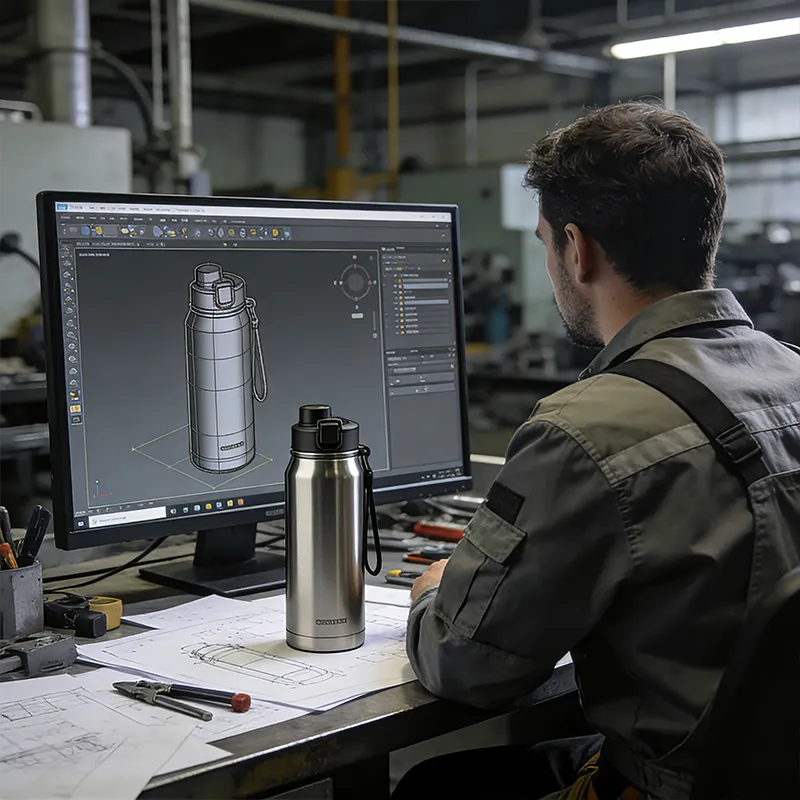 Gencore R&D engineer designing custom vacuum insulated water bottles using professional CAD software.