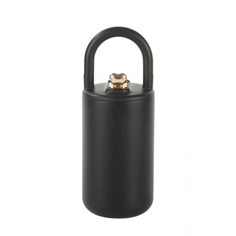 Premium matte black 17oz purse handle tumbler with fashion heart-shaped gold accent for B2B wholesale.