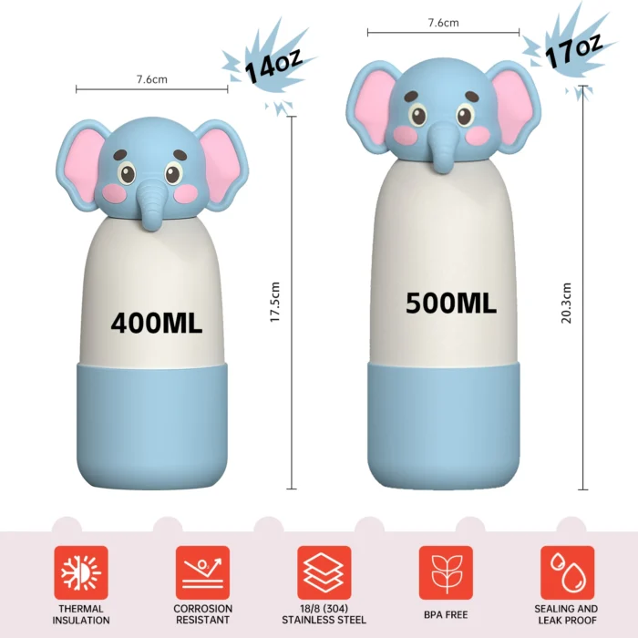 400ml (14oz) and 500ml (17oz) cartoon kids vacuum flask dimensions showing height and car-cup holder compatibility.