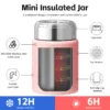 Mini insulated jar feature diagram highlighting 316 stainless steel inner layer and 12h cold retention performance.