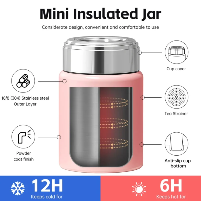 Mini insulated jar feature diagram highlighting 316 stainless steel inner layer and 12h cold retention performance.