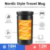 Nordic style travel mug feature diagram highlighting 18h cold retention and silent silicone bottom.