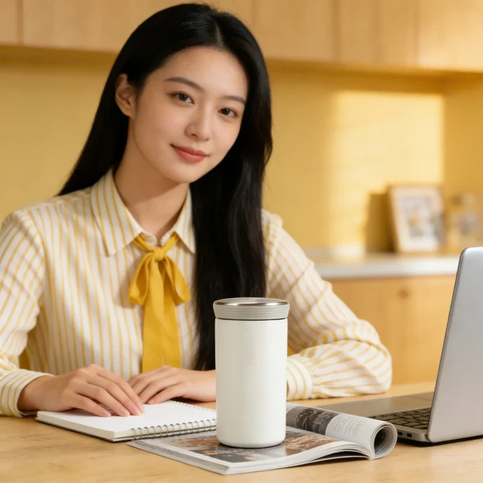 Office lifestyle photography of a woman using the white 350ml pocket bottle at her desk.