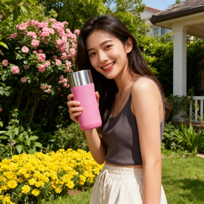 Lifestyle photography of a woman holding a pink 16oz insulated coffee mug in a garden, showing no-sweat exterior.