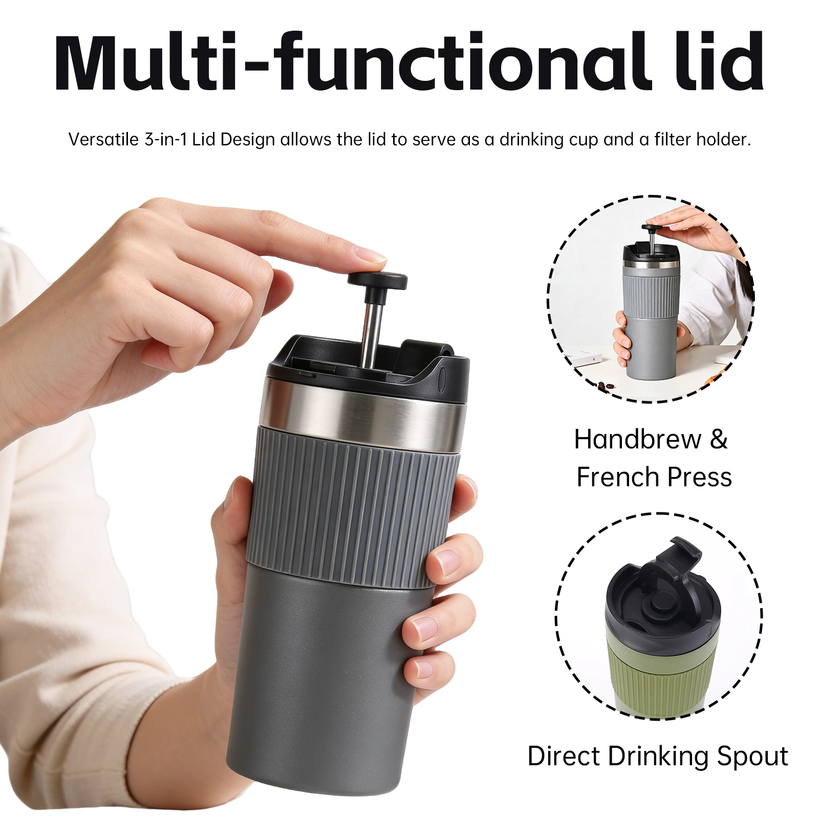 Multi-functional 3-in-1 lid design detail illustrating handbrew and French press modes for bulk drinkware supply.