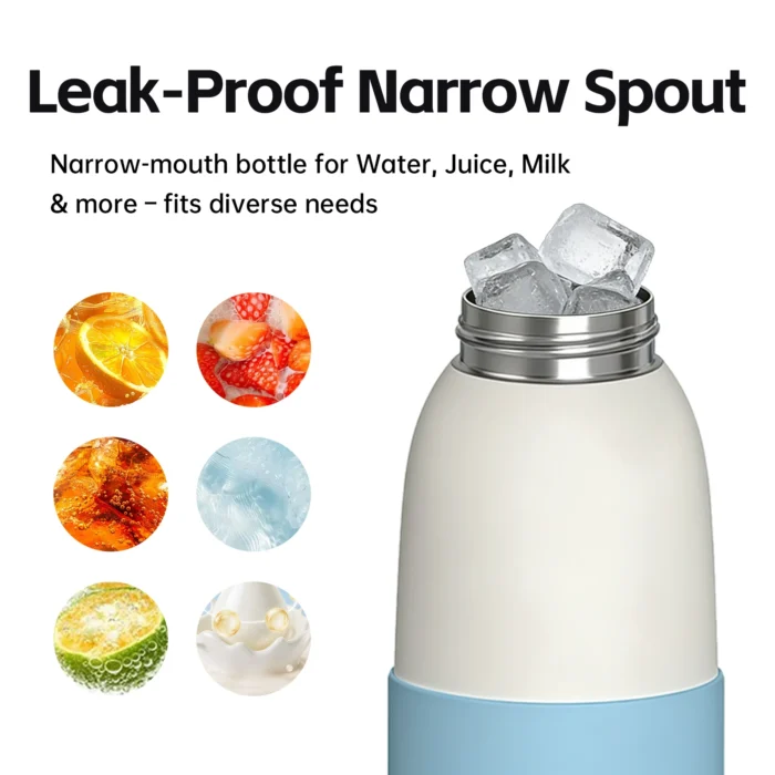 Leak-proof narrow spout design of kids stainless steel bottle for water and juice with easy ice filling.