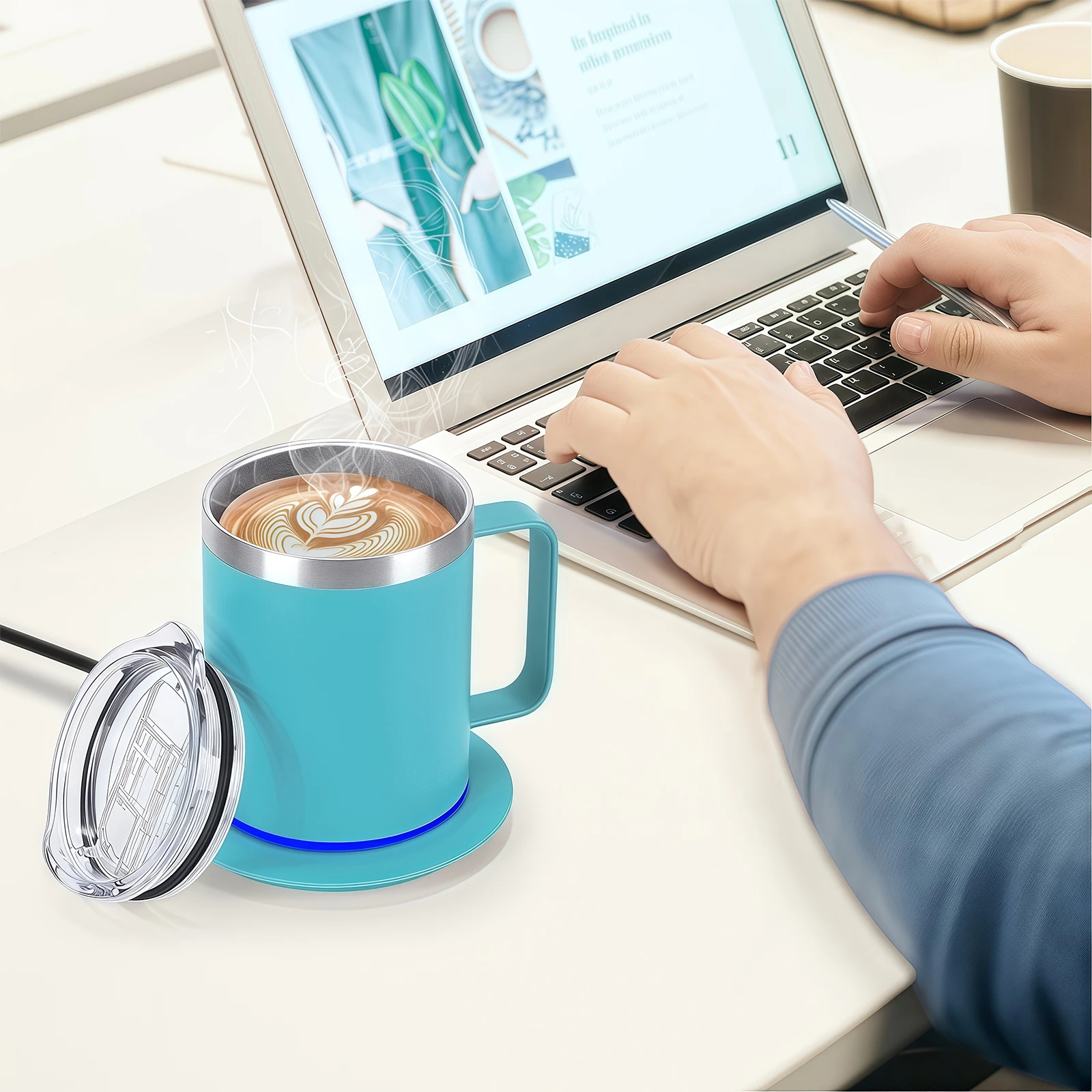 Tech professional using the Cyan M9 temperature control mug at an office desk to maintain constant 55°C coffee temperature.