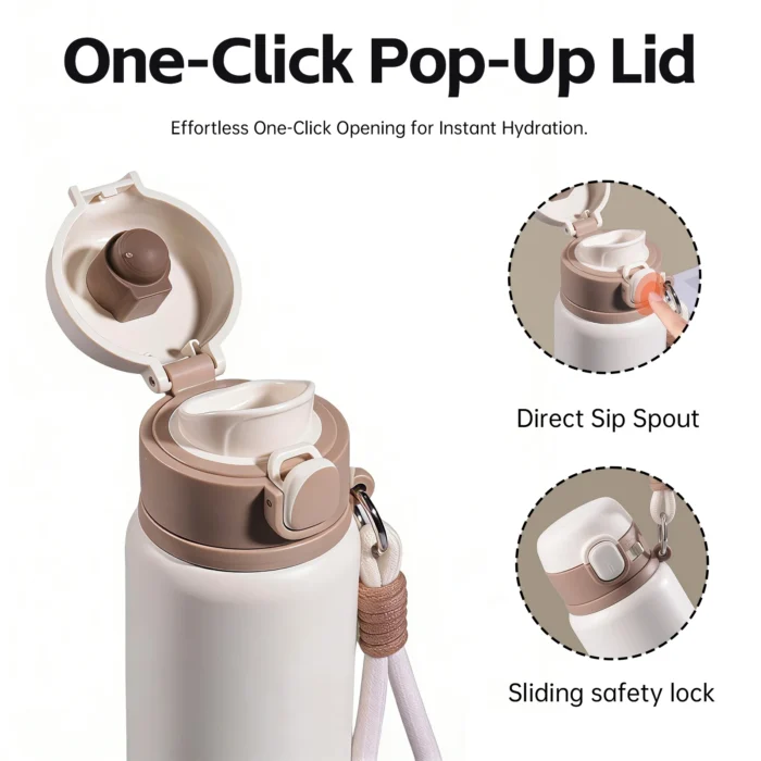 One-click pop-up lid mechanism with direct sip spout and sliding safety lock on a wholesale tea travel mug.
