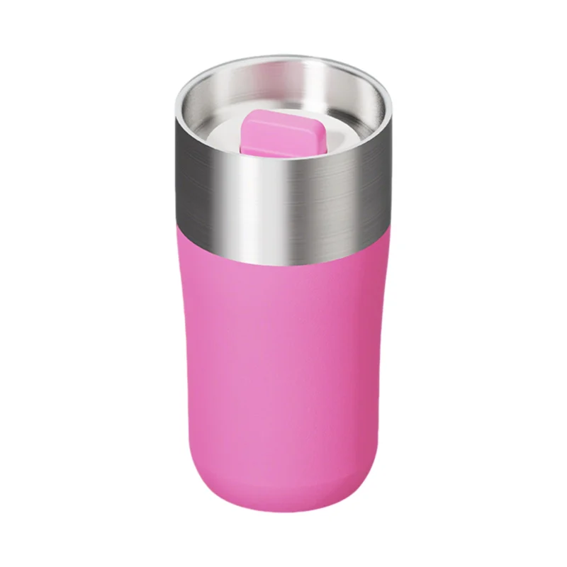 Premium matte pink 360ml stainless steel coffee cup with 360 degree push-button lid for office desktop.