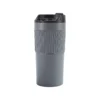Premium matte grey 15oz travel coffee mug highlighting vacuum insulation and non-slip silicone grip.