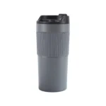 Premium matte grey 15oz travel coffee mug highlighting vacuum insulation and non-slip silicone grip.