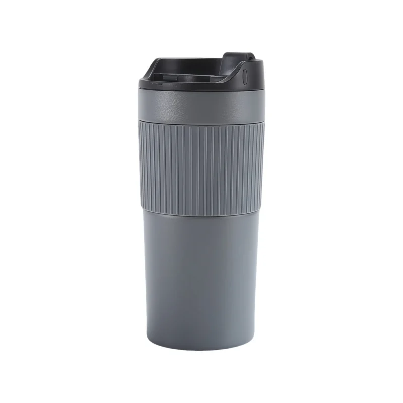 Premium matte grey 15oz travel coffee mug highlighting vacuum insulation and non-slip silicone grip.