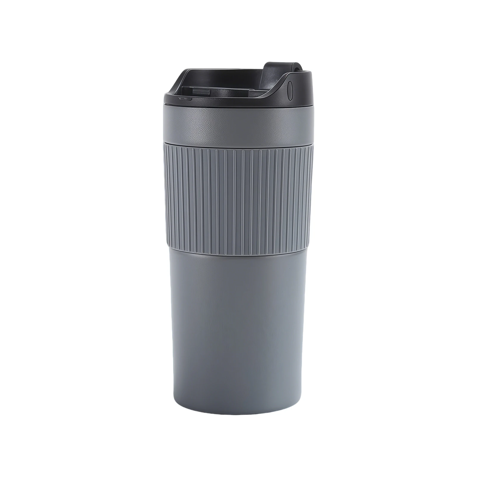 portable-french-press-travel-mug-coffee-maker-grey Premium matte grey 15oz travel coffee mug highlighting vacuum insulation and non-slip silicone grip.