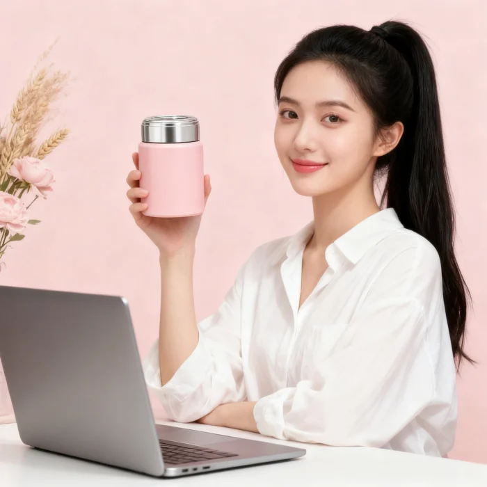 Lifestyle photography of a woman holding a cute 230ml pink pocket bottle in an office, showing its compact and portable design.
