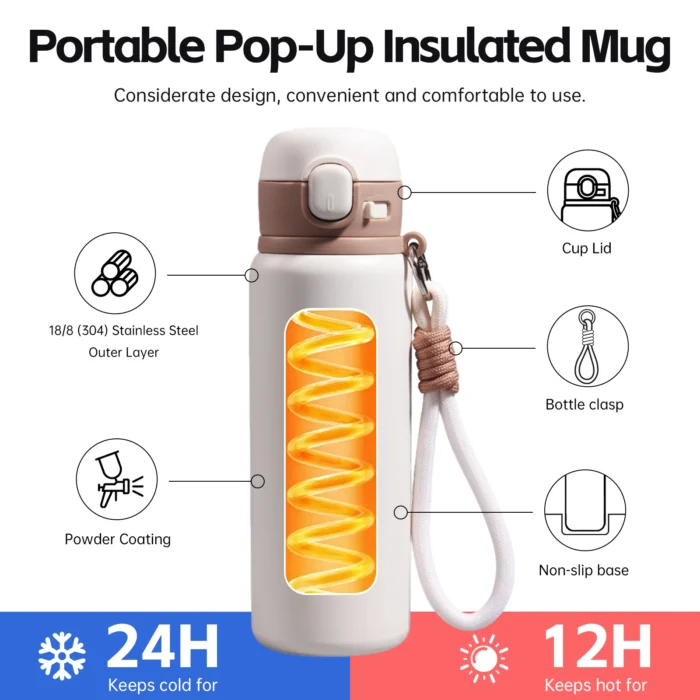 Feature diagram of a 316 stainless steel vacuum flask highlighting 24h cold retention and non-slip silicone base.