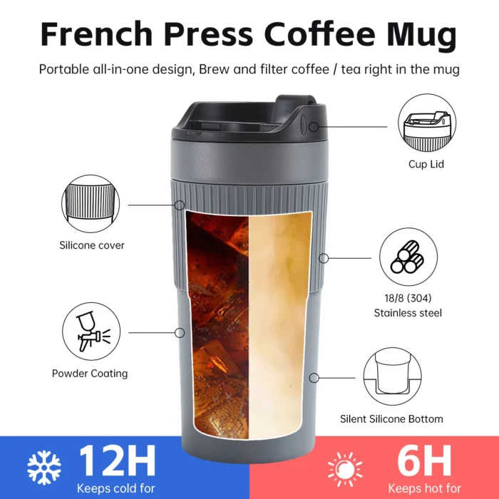 Feature diagram of a 450ml coffee press tumbler highlighting 12h cold retention and silent silicone bottom.