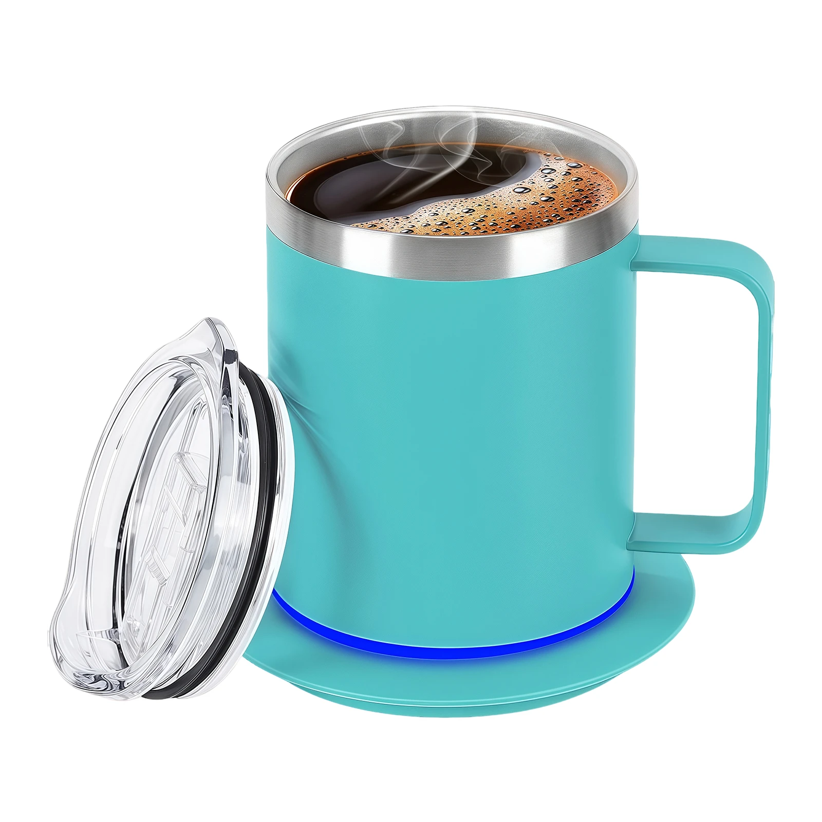 smart-heated-coffee-mug-manufacturer-temperature-control-base Wholesale smart USB heated mug set with a durable 304 stainless steel cup and waterproof thermostatic heating base.