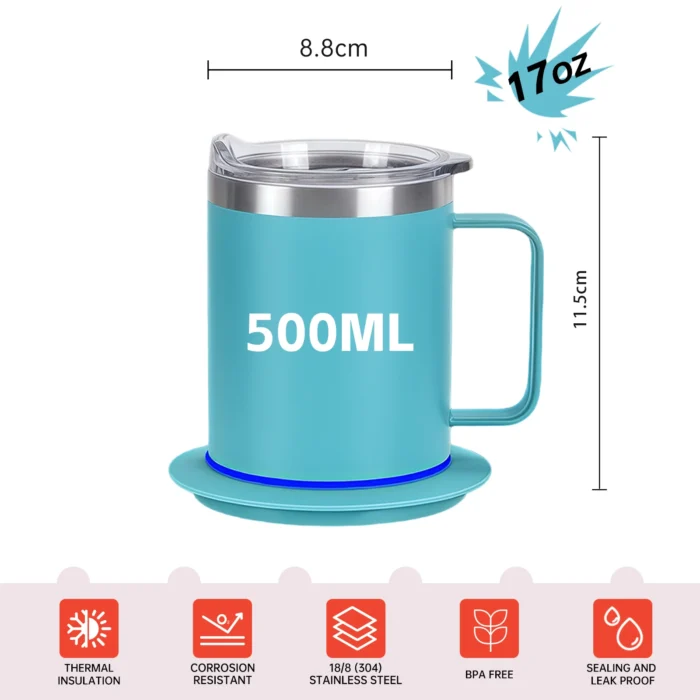 Technical specifications of the 10oz (300ml) self-heating mug with 11.5cm height and car-friendly diameter.