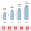 Wholesale water bottle size chart showing 12oz, 17oz, 25oz, and 34oz capacities for bulk orders.