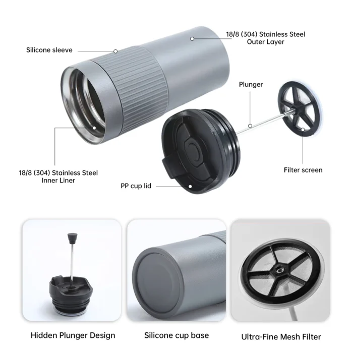 18/8 304 stainless steel coffee brewer exploded view showing ultra-fine mesh filter and hidden plunger mechanism.